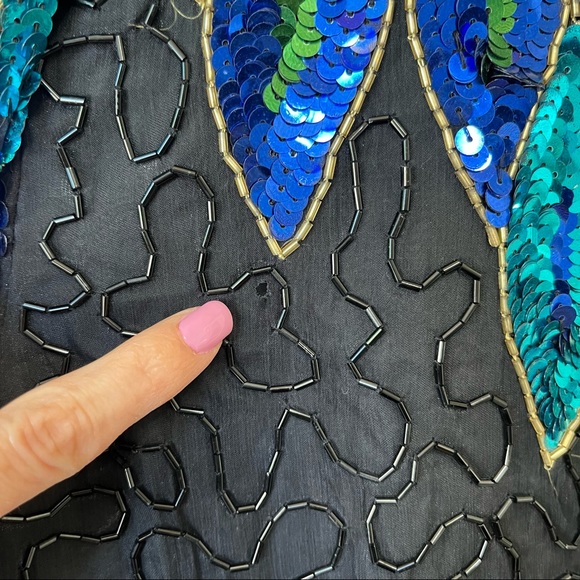 Vintage Sequin 100% Silk Peacock Green Blue Top Blouse - Picture 8 of 15